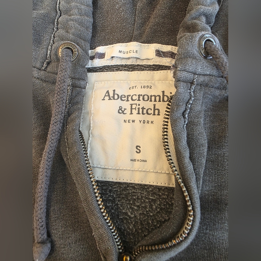 Y2K Abercrombie & Fitch Mens Full Zip Muscle Hoodie Gray Small Spellout Preppy - Picture 7 of 7
